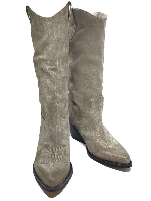 Stivale texano in scamosciato taupe chiaro, tacco 7