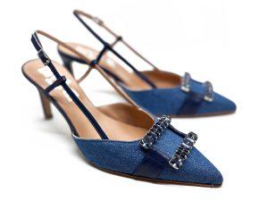 slingback in jeans blu e fibbia gioiello in tinta