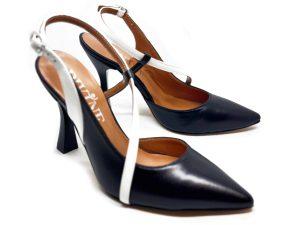 Slingback in pelle bianca e nera, tacco 10 a rocchetto