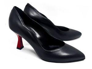 Décolleté in pelle nera, tacco 7 a rocchetto laccato rosso