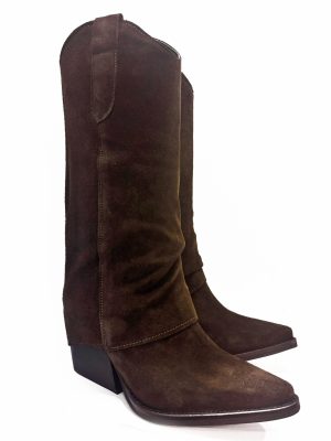 Stivale texano in scamosciato color cioccolato con gambale ripiegato, tacco 6