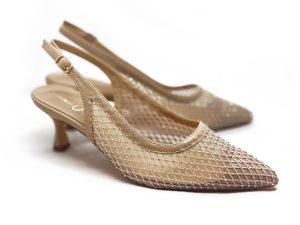 slingback color nude in rete e strass, tacco 5 a rocchetto