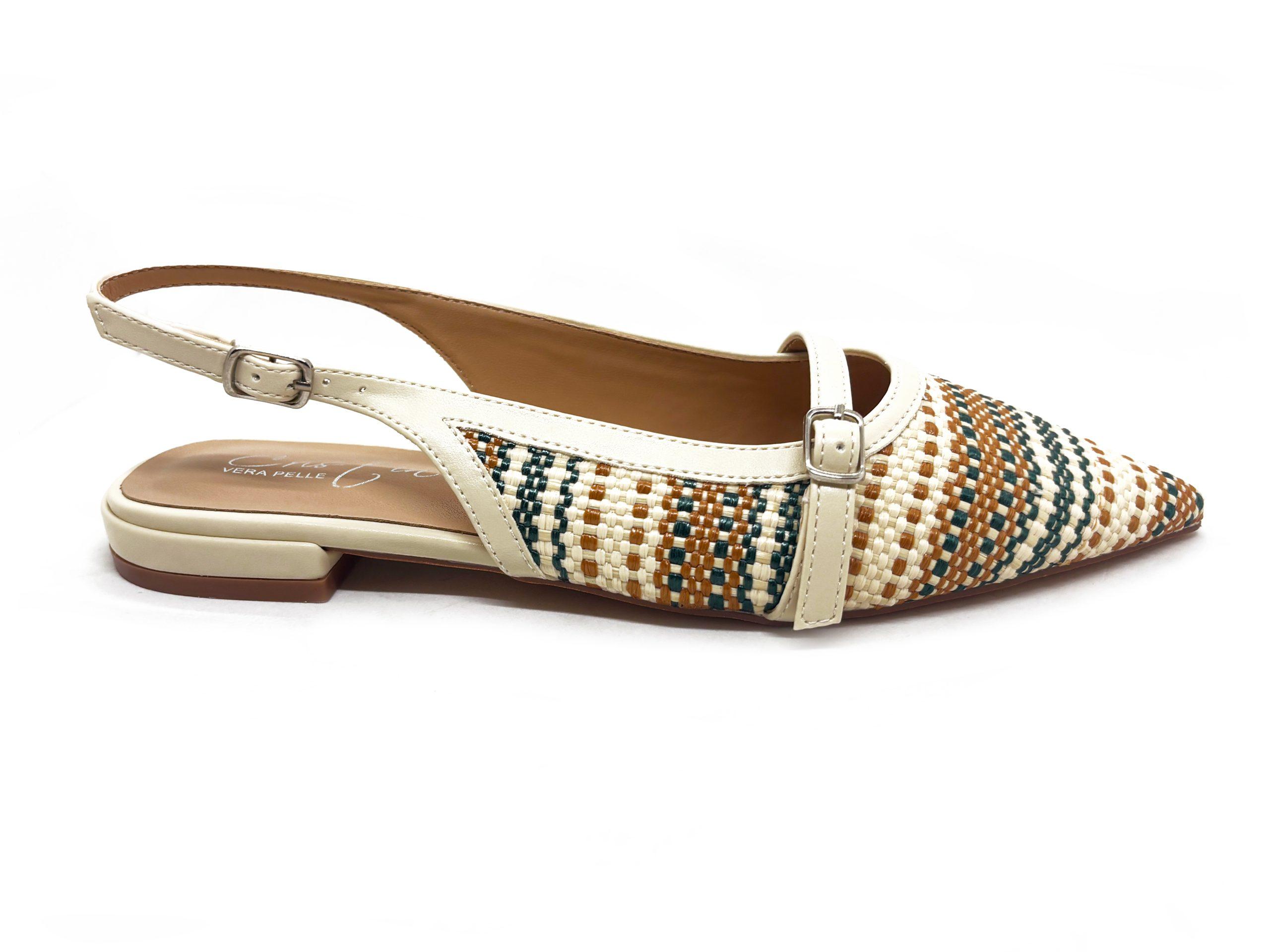 slingback flat intreccio color cuoio, verdone e paglia, lato esterno