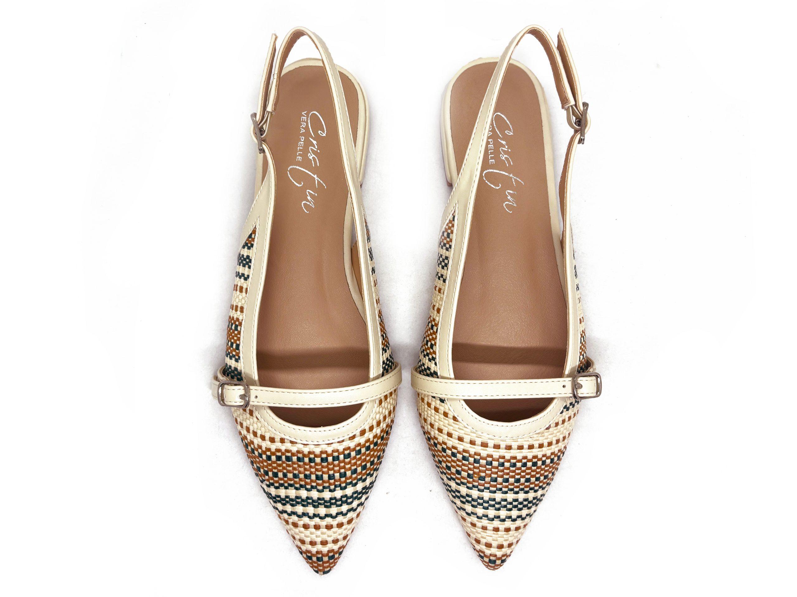 slingback flat intreccio color cuoio, verdone e paglia, viste dall'alto
