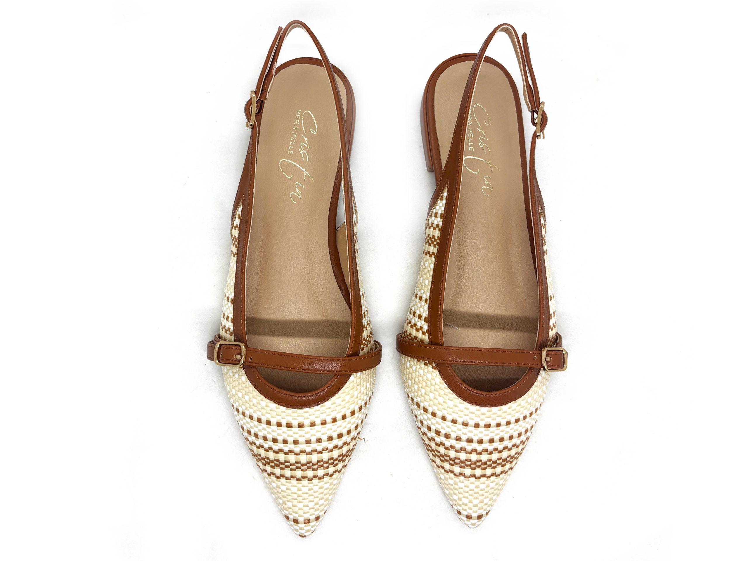 slingback flat intreccio color cuoio e nude, viste dall'alto