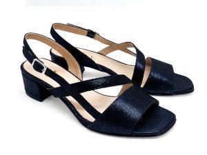 sandalo in pelle iron blu notte, tacco 5 a blocchetto