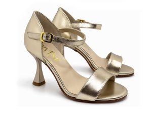 Sandalo in laminato platino, tacco 7 a rocchetto