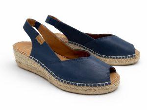 Espadrillas slingback open toe in pelle blu, zeppa da 4 cm