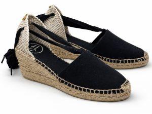 Espadrillas in tessuto di cotone nero, con allacciatura alla caviglia, zeppa da 5 cm