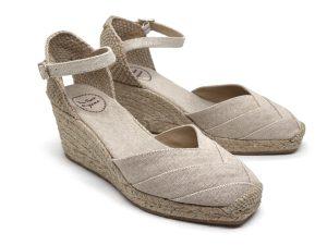 Espadrillas con cinturino in tessuto di cotone color sabbia, zeppa da 7 cm