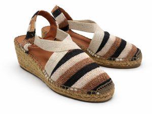 Espadrillas slingback in fasce di tessuto multicolore écru, nero e marrone, zeppa da 7 cm