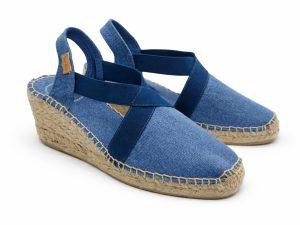 Espadrillas slingback in lino color jeans e bande elastiche blu, zeppa da 7 cm
