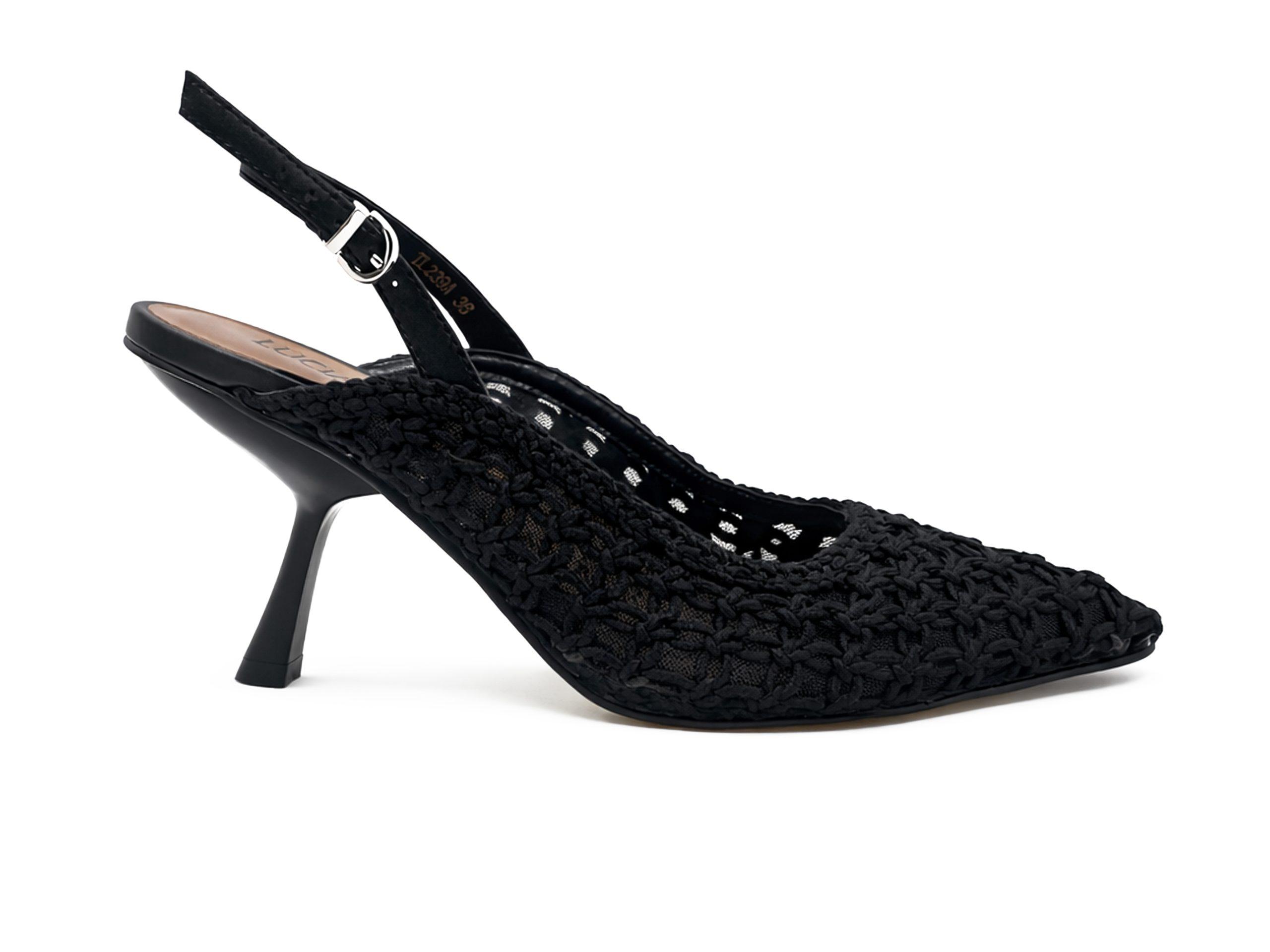 slingback in rete decorata con intreccio a nodi, tacco 9 a virgola, lato esterno