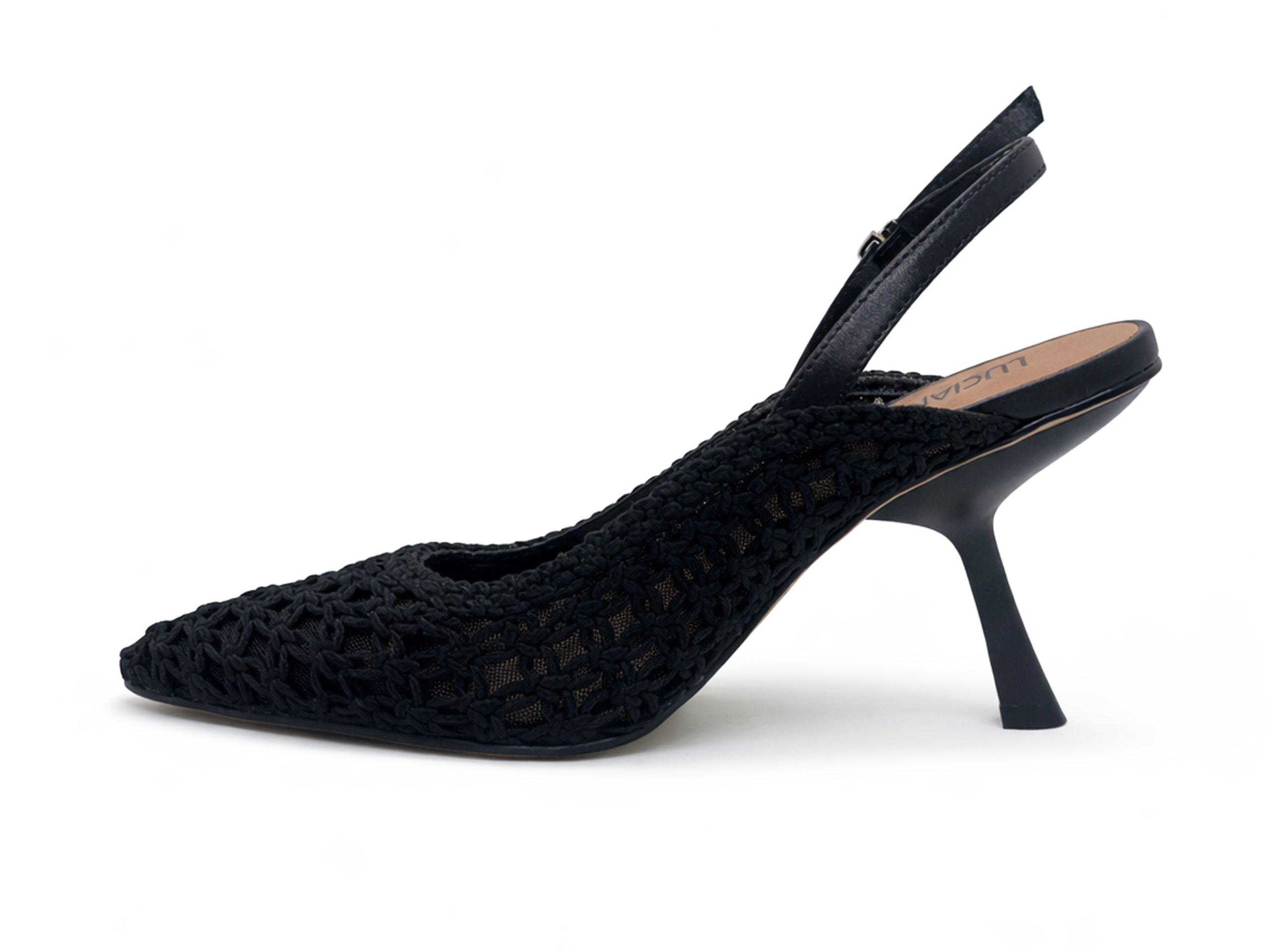 slingback in rete decorata con intreccio a nodi, tacco 9 a virgola, lato interno