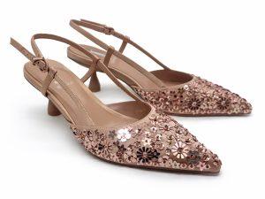 slingback in laminato oro rosa con paillettes in tinta, tacco 5 a rocchetto