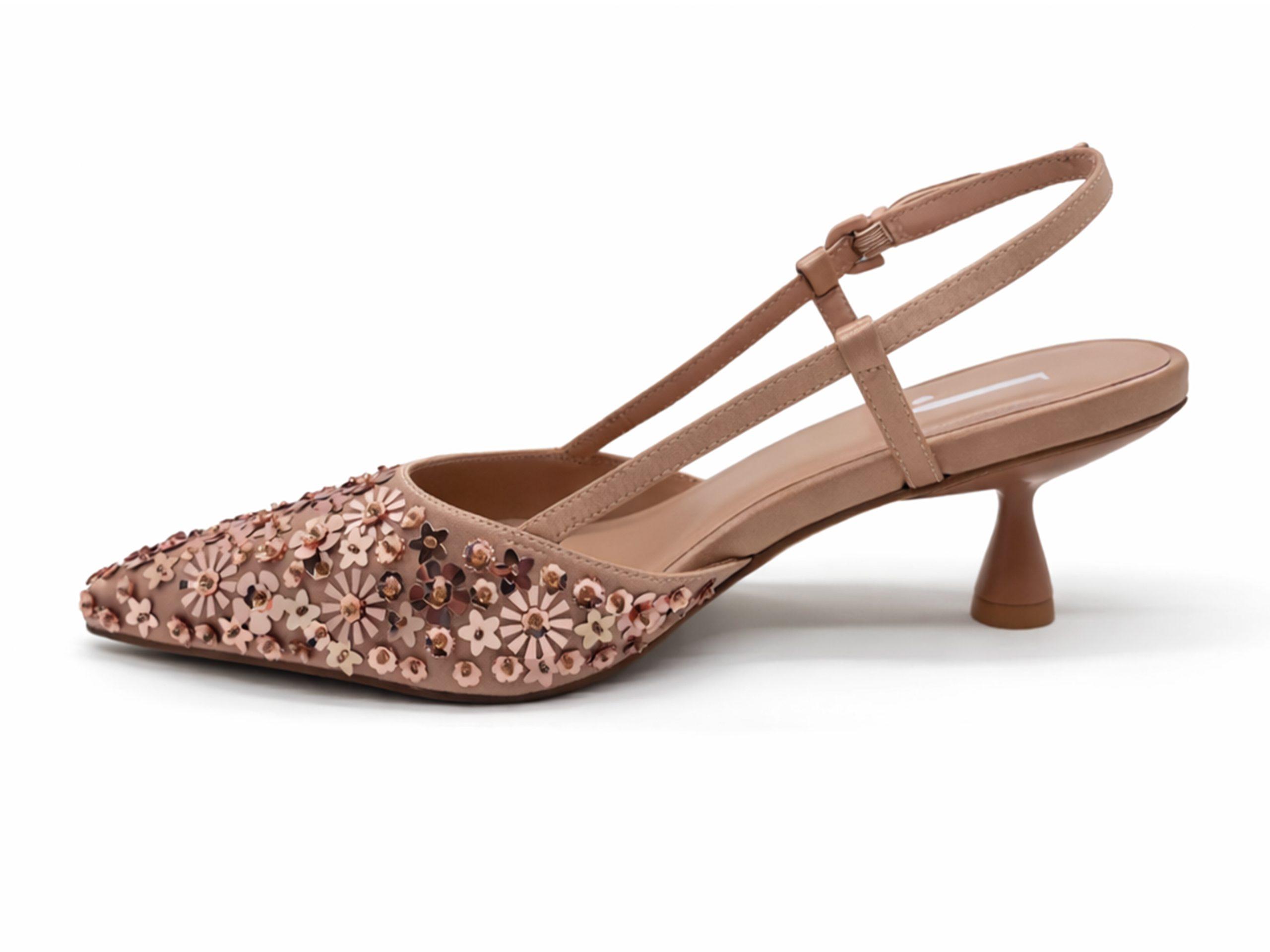 slingback in laminato oro rosa con paillettes in tinta, tacco 5 a rocchetto, lato interno