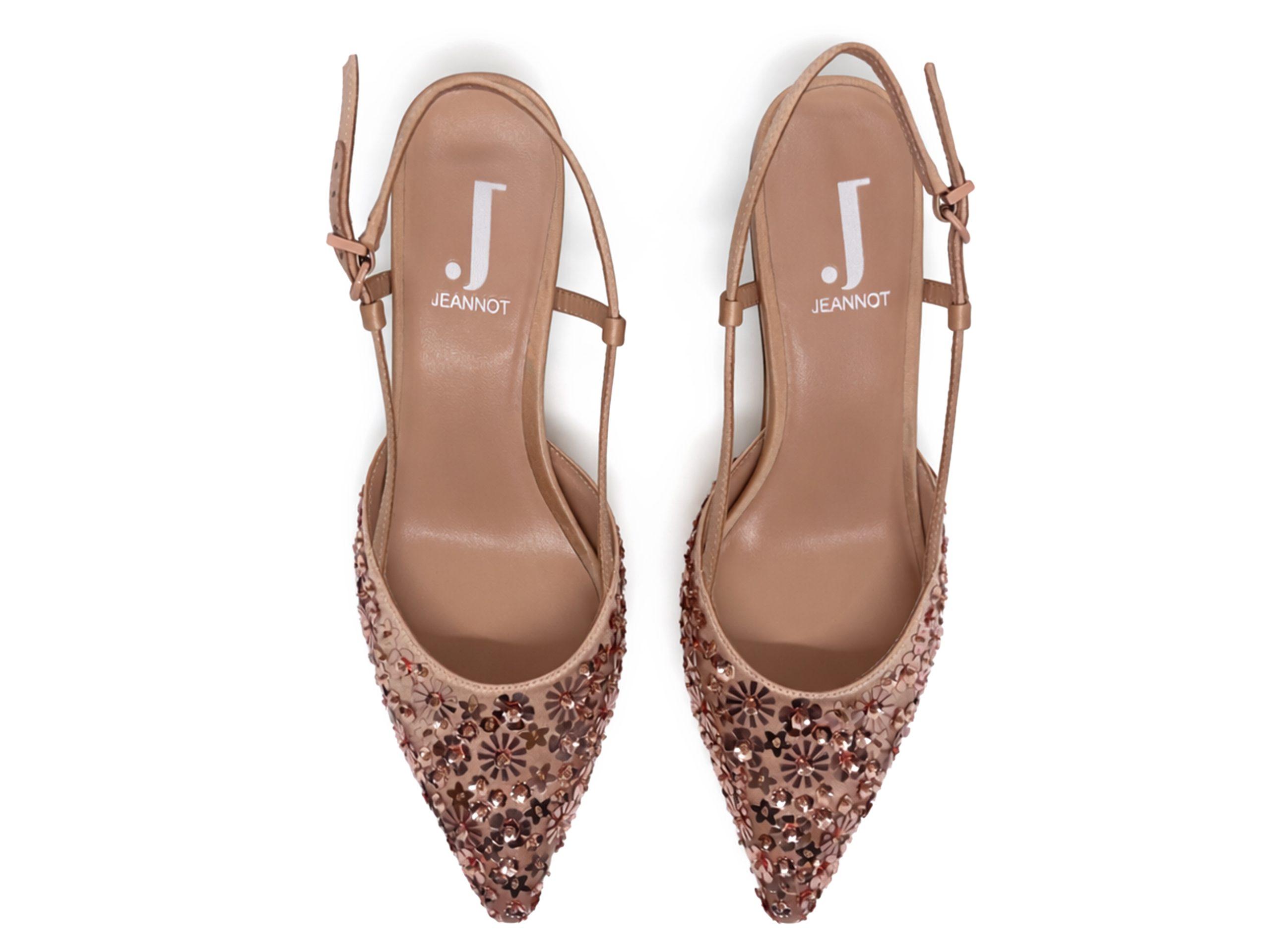 slingback in laminato oro rosa con paillettes in tinta, tacco 5 a rocchetto, viste dall'alto